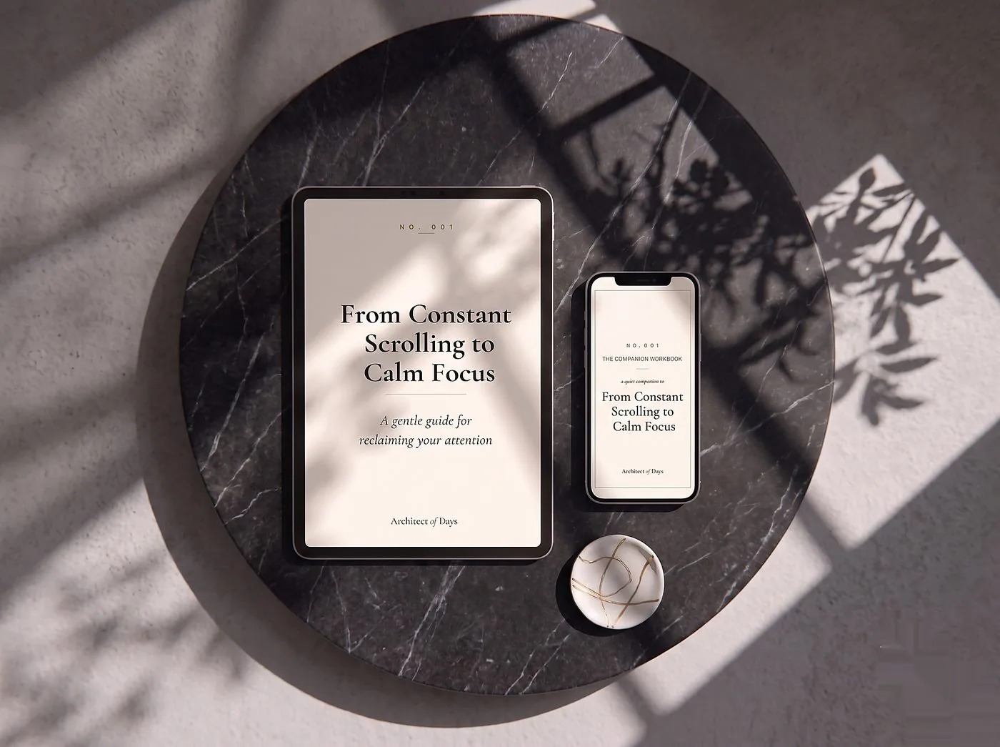 Calm Focus guide and companion workbook set on a tablet and phone