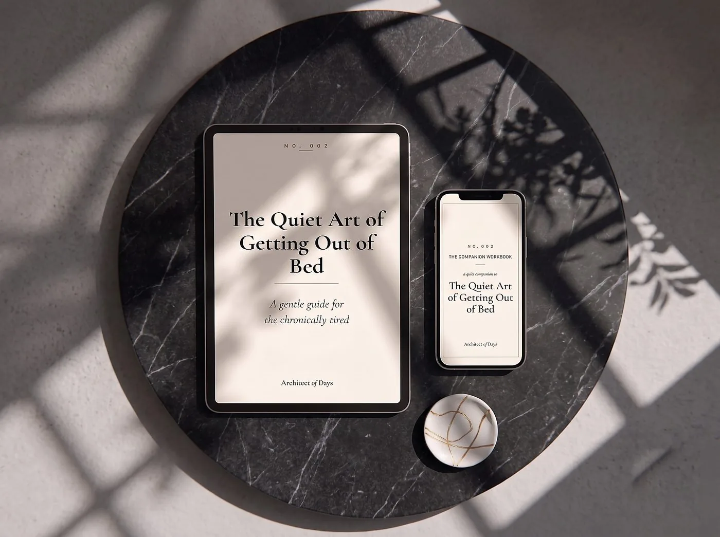 Getting Out of Bed guide and companion workbook set on a tablet and phone