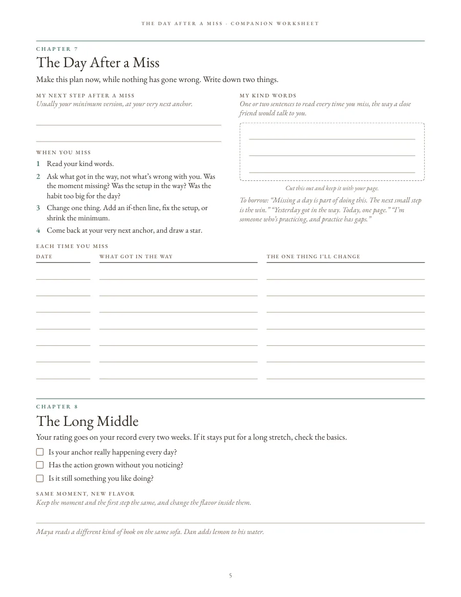 Worksheet page: The Day After a Miss, with a card for kind words