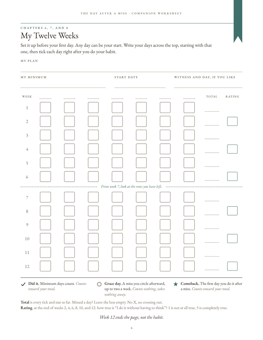 Worksheet page: My Twelve Weeks, a record with twelve rows of seven boxes