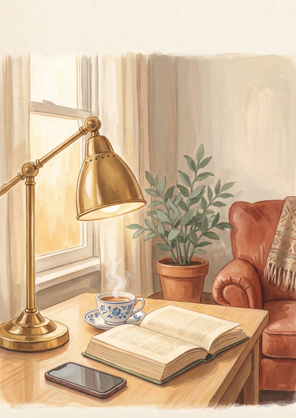 A warm painted scene: a brass desk lamp, a steaming cup of tea, an open book and a phone on a wooden table by a sunlit window.